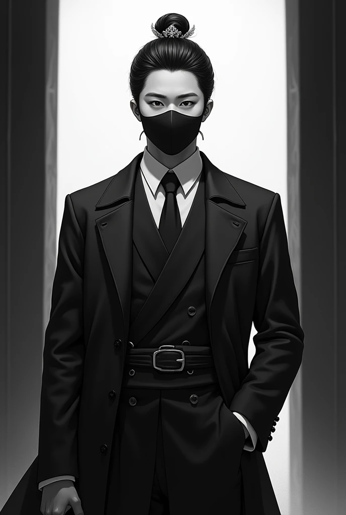 The lonely emperor wears a European suit and has a Korean face. He is young and handsome No mustache and no European mansion interior background No beard Black tie Anime style imagesFront viewAdd realism Gain muscle The background is mainly black and white...