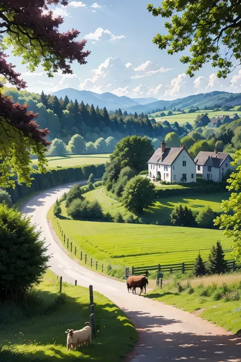 detailed pastoral landscape, idyllic countryside, rolling green hills, lush meadows, winding river, quaint village, thatched-roof cottages, stone bridges, grazing sheep, farmers working in fields, warm sunlight, soft colors, impressionist painting style, p...