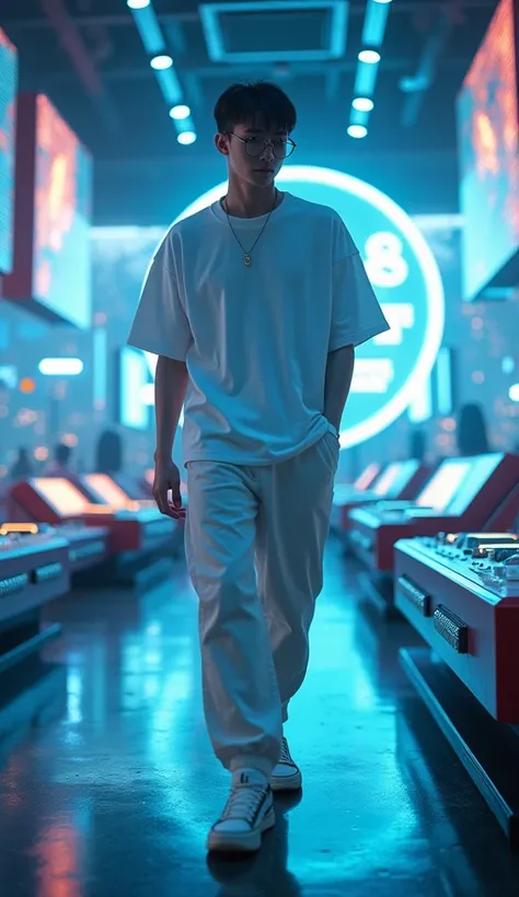 Cinematic shots of futuristic nightclub with advanced artificial intelligence technology for the entertainment of the people inside . This disco is full of holographic screens and turntable environments and DJ buttons . A handsome boy s young a of Chinese ...