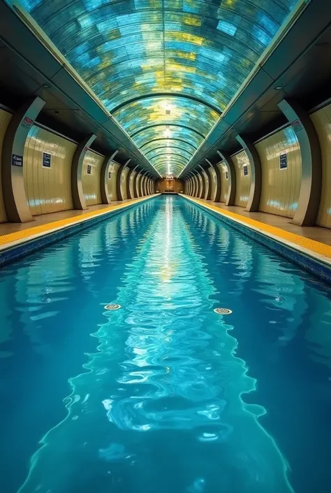 The water surface of the metro station is decorated in blue and yellow