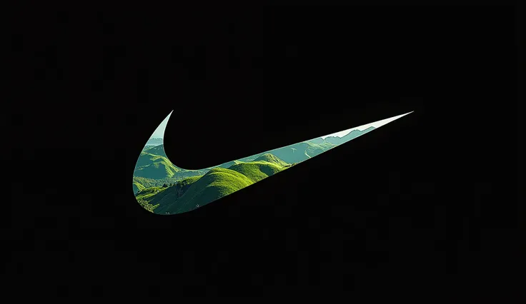 Nike logo with lush green mountains inside it and black background