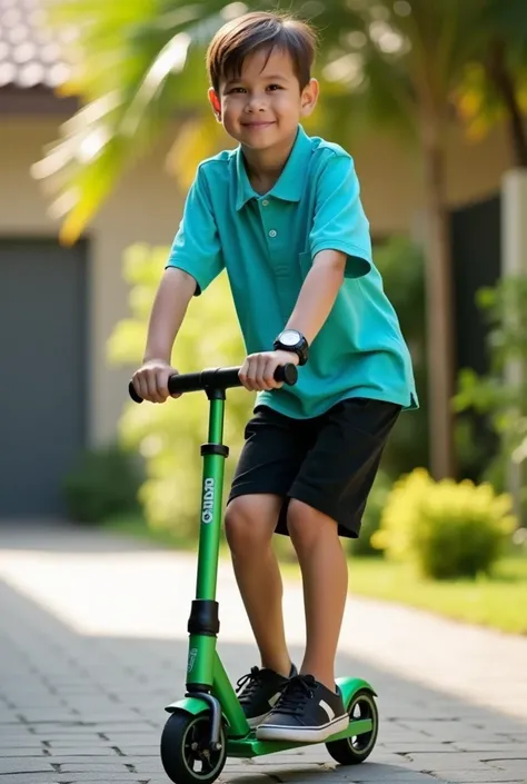  from Indonesia, s.. Short hair, wearing a light turquoise blue shirt, wearing black shorts, sneakers. Wearing a watch. Posing facing the camera. While riding a Green metallic toy Scooter. From his face he looks happy and cool. The background of the front ...