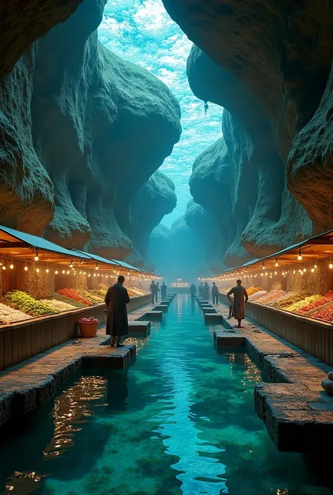  An underground area accessed by a hidden staircase in Praça das Conchas . The market is illuminated by luxurious phosphorescent algae on the ceiling ,  and merchants set up their stalls on floating platforms in a network of crystal clear water channels.