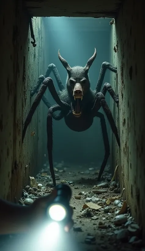 There is a spider-like creature in a very small space. A hand holding a flashlight is depicted in the foreground of the screen. A snake spider with a unique dog face that I have never seen before. A small area of an old abandoned facility. An abandoned, de...