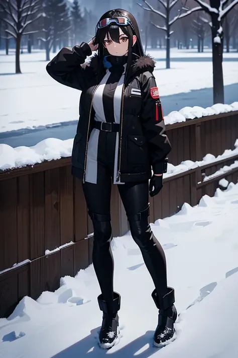 Hot girl, beautiful long black hair,dark brown eyes, snow goggles over her head, black pants, big but medium breasts, A closed short black jacket with Whitefur, long black sheer socks, snow boots, cozy area, serious expression, NOT LOOKING AT THE VIEWER