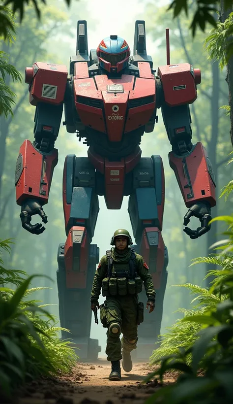 A Cambodian soldier in green jungle camouflage walking forward. A massive combat robot follows, painted in red and blue with a white Angkor Wat symbolizing Cambodia’s flag.