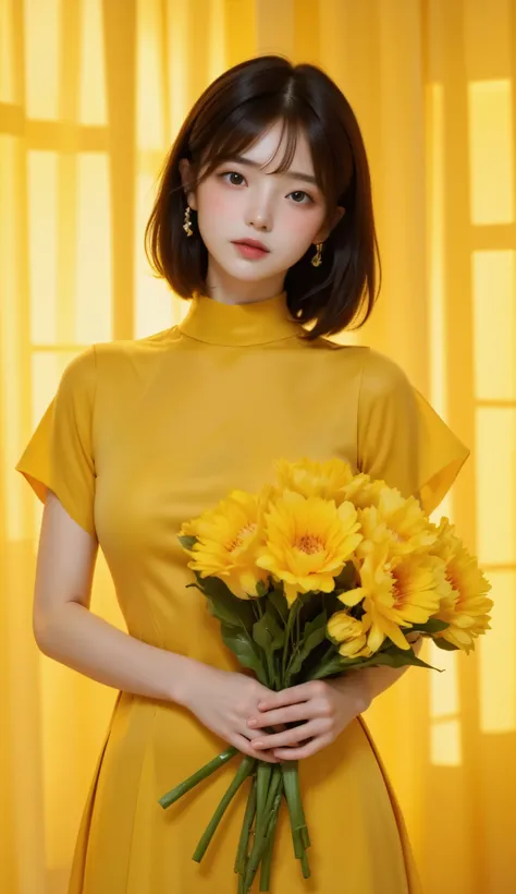 (((Yellow background:1.3)))、(( Yellow Flower Bouquet 、大きな Yellow Flower Bouquet ,,Have a 大きな Yellow Flower Bouquet :1.5))、 best quality, masterpiece,  high definition , ((( one girl))), ,((( yellow eyes:1.3)))、 yellow dress、Yellow Hair、 short bob、(( yellow...