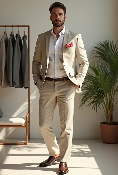  A realistic and elegant scene designed for a mens style course ,  focused on advising men with proportionate or rounded figures .  A confident man poses gracefully ,  wearing a Hugo Boss , lightweight and adapted for summer ,  style suit in light tones su...