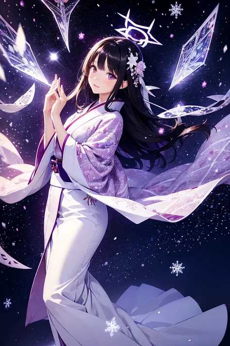 A Feminine and elegant woman in Winter kimono dancing with snow Break under fluttering Xmas tree, dark hair, purple eyes, glitter effect, halo effect, double exposure, special detail hands beautiful anime illustration,fullBODY