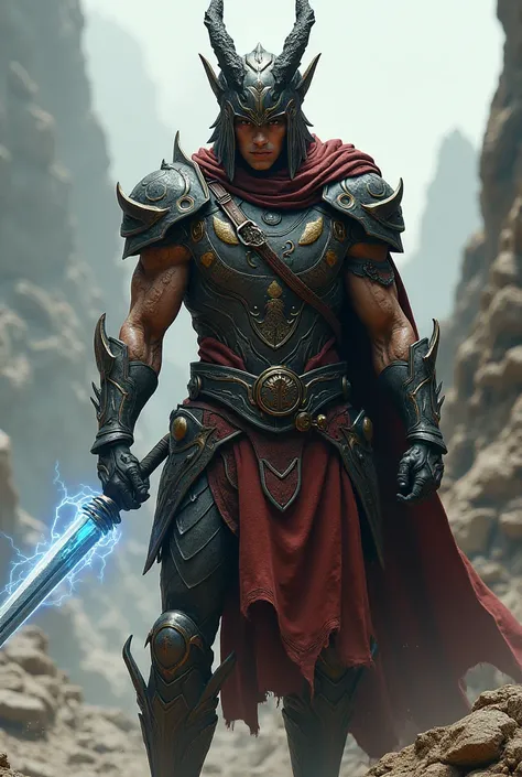 Young human, strong, with scars and burns on his face , wearing full armor with draconid helmet and an electric sword. 