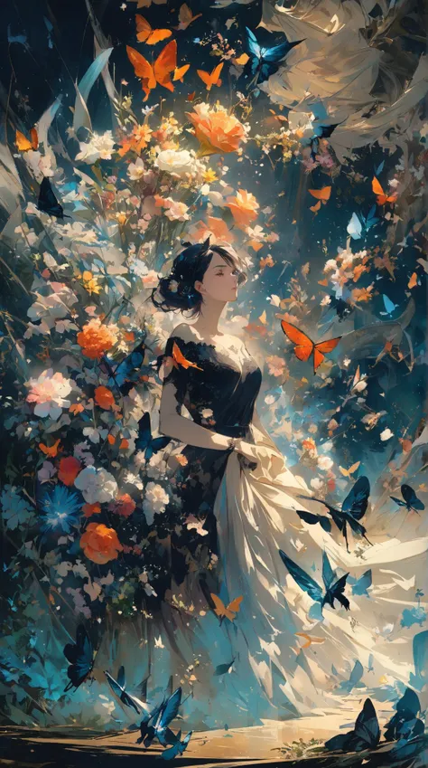 chaos, elegant, vivid colors, art by Anne Bachelier, atmospheric, a woman, elegant, butterflies, flowers blooming, moving, dramatic, whole body, Organic composition