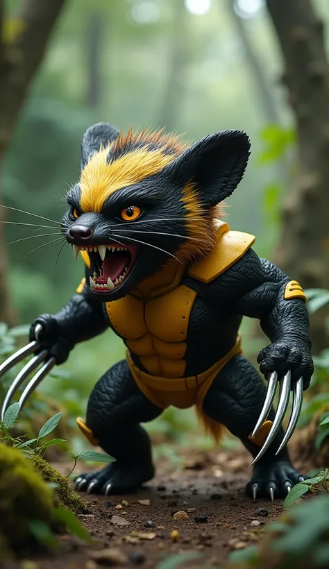 "A small but fierce honey badger hybrid with Wolverines sharp adamantium claws, rugged hairstyle, and iconic yellow-and-black suit. It snarls, showing ferocity, amidst a dense forest setting