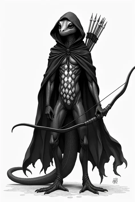  an anthropomorphic archer magic gecko 2 tall, 5 meters walking on both legs  , slender and not too muscular,  he wears a cape with a black hood on his head , The bow in hand and the full quiver  ,  his skin is made of black rock with white diamonds, The s...