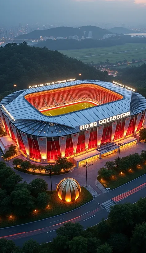  a unique model stadium clad in marble lit red white and yellow lights above it resembling bird garuda there is a mall and an overpass above the storied stadium and red and white lights are on and on the edge of the middle roof there is a lid when it rains...