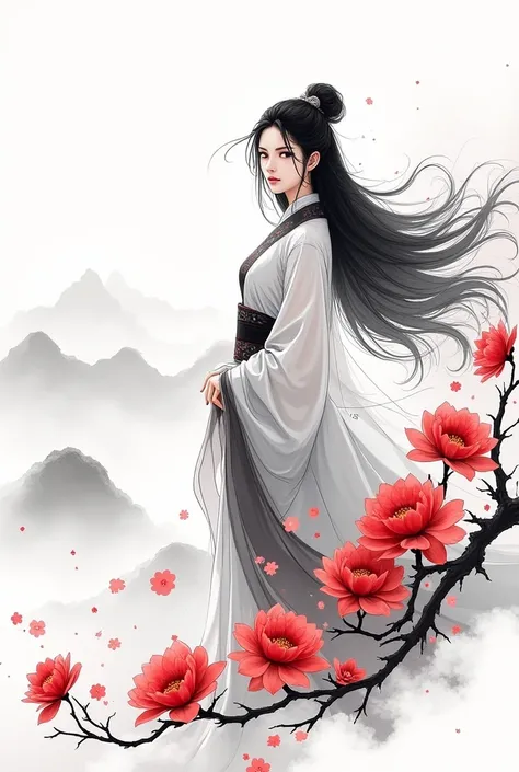 Distant Mountains，White Cloud，Red flowers blooming, monochrome, Ink Sketch, Asia (Young famale), (Long hair), Looking at the audience, Hanfu, Chinese clothes, Long sleeve, (abstract ink splash:1.2), White background, 1명의 소녀, 