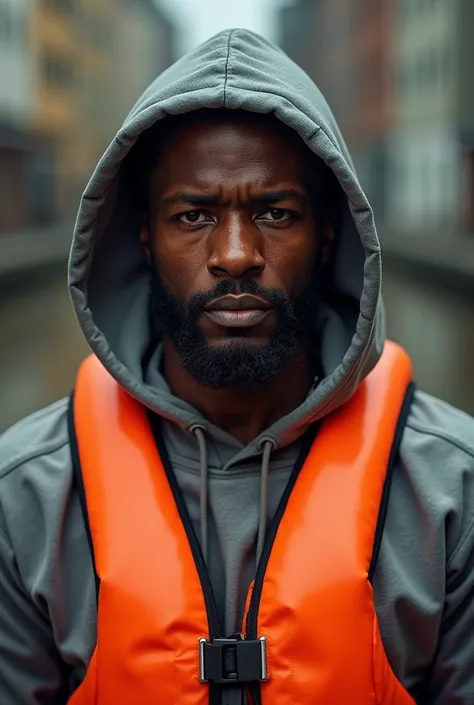 A black man with grey hoodie and float vest
