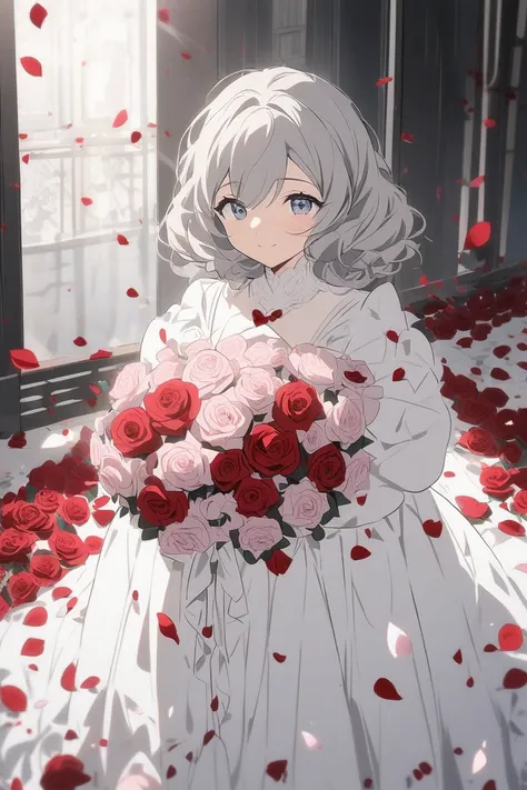  Anime Style 、Smiling, Gray-haired young woman, I have a rose in my hand,  walk along a white catwalk strewn with rose petals, Beautiful red bouquets lined up ,  pink and white roses on both sides , Petals flying in the air,