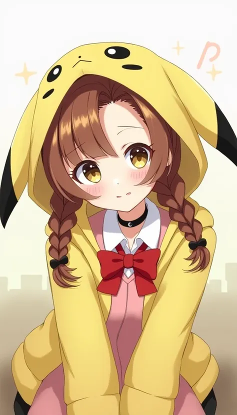 source anime, detailed eyes, eye reflection,
braid, twin braids, yellow eyes, twintails, low twintails, ahoge, hair bow, black bow, pikachucosplay, pikachu, character print, hood, hoodie, yellow hoodie, pikachu hoodie, 1girl, blush, smile, sitting, cyperbu...