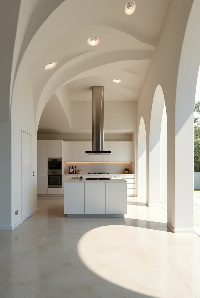 Kitchen with peninsula with roof cuts
 With simple wave and the hood placed in the center of the peninsula.The kitchen must be with a peninsula and the recessions in the roof with a simple wave and the hood in the center of the kitchen in the peninsula