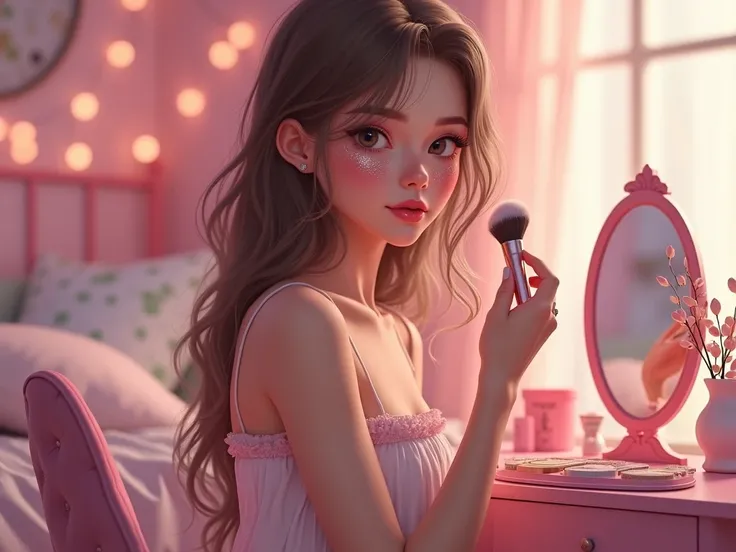 coquette girly style very sweet cute clipart woman with highlighter makeup, shimmer glitter makeup, freckles, in her cozy coquette bedroom at her vanity applying makeup face powder with a powder brush sitting on a pink stool, fantasy, pastel colors coquett...