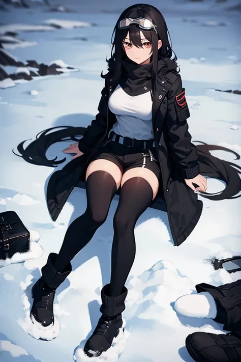 Hot girl, beautiful long black hair,dark brown eyes, snow goggles over her head, black pants, big but medium breasts, A closed short black jacket with Whitefur, long black sheer socks, snow boots, cozy area, normal expression, NOT LOOKING AT THE VIEWER