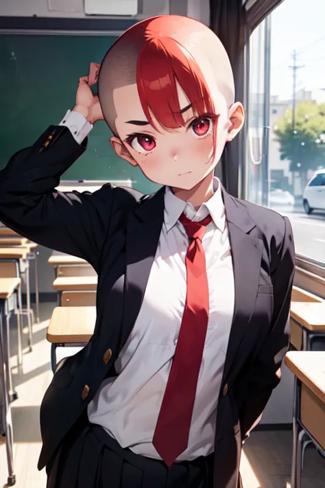 1 girl, aizawa tomo, 18yo, ((buzzcut shaved head)), red hair, thick brows, red eyes, big brests, tall height, school uniform, gr...