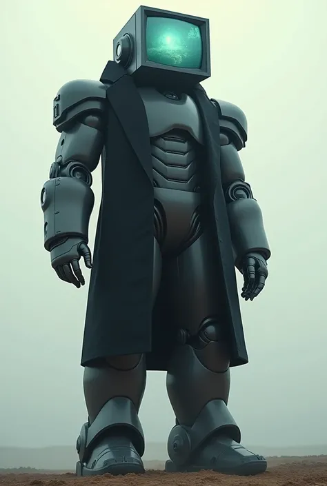 A titan sized robot with a tvhead. Make the body like a human with black coat