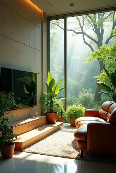 TV room .realistic 8 k  , with leather sofa.Potted plants , futurist.natural lights 