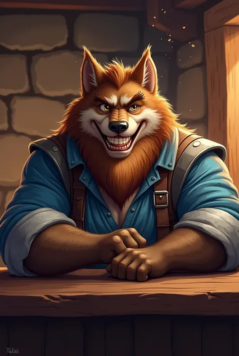 Solo, (toon), ((2dcg filter)), (cell shaded, soft detailing), low angle, male, dad bod, (brown wolf), brown fur color, brown eyes, tail, (bara beard, thick beard, moustache), grinning, toothy grin, raised eyebrows, (fantasy tavern background), (arms on bar...