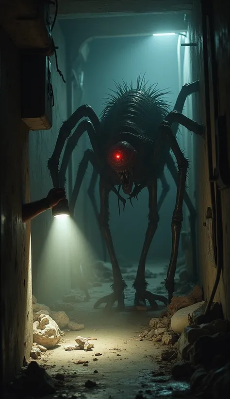 There is a spider-like creature in a very small space. A hand holding a flashlight is depicted in the foreground of the screen. A snake spider with a unique dog face that I have never seen before. A small area of an old abandoned facility. An abandoned, de...