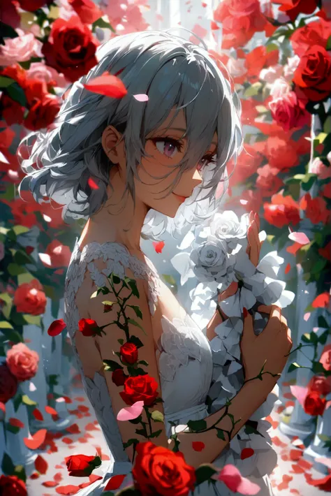  Anime Style 、Smiling, Gray-haired young woman, I have a rose in my hand,  walk along a white catwalk strewn with rose petals, Beautiful red bouquets lined up ,  pink and white roses on both sides , Petals flying in the air,