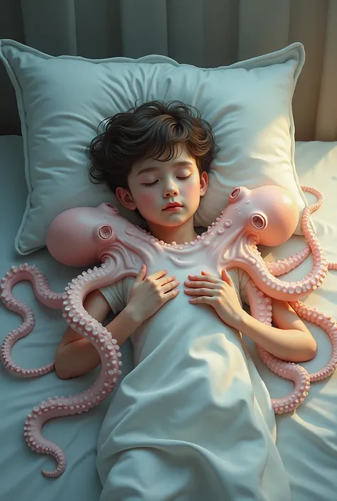 A boy sleeping on a bed and on top of his body there are 3 octopuses with eight arms that are shaped like women 