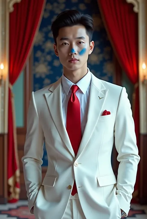 Young korean man in blue skin tone with white suits and long red tie in wedding hall 