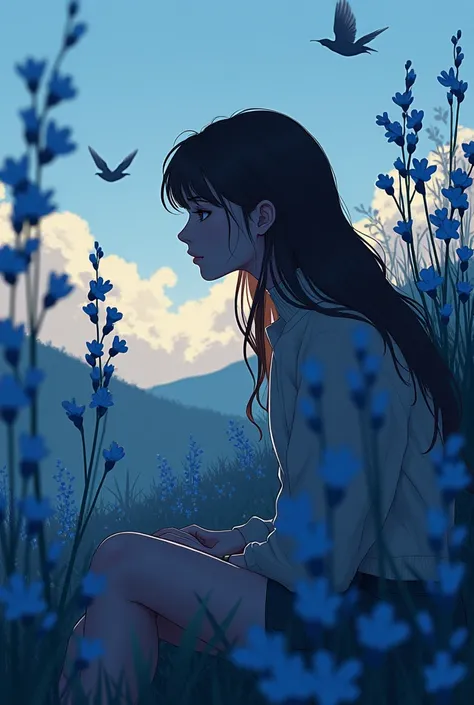 Crées une photo de Profile avec une fille de dos, brune cheveux longs avec un pull, dans les couleurs bleus. Avec des myosotis et des papillons présents. La photo doit être en style animé, sombre, et dehors