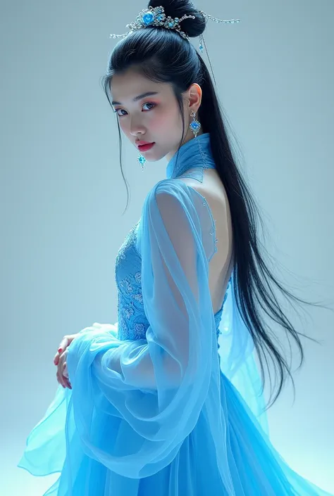 (Full Body), A luminous Chinese beauty (Dilraba Dilmurat) from ancient dynasties (221 BCE - 220 CE) stands majestically against a neutral background, her vibrant white-blue twotone Wuxia attire radiating an otherworldly aura. David Lachapelles lens capture...