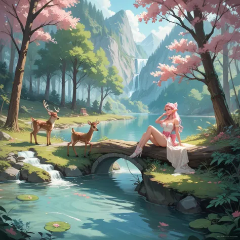 a fantasy picture with deer behind which an elf princess in pink tones sits by a river with a bow in the forest and rests