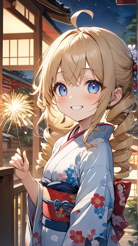 Chibi Character Girl、Blonde, long hair, drill hair, ahoge, blue eyes, slanted eyes, narrow eyes, shout, cheerful grin、On the veranda at night 、Kimono with Japanese sparklers、upper body、Japanese Wind Chimes、Countryside Japanese house background、Masterpiece、...