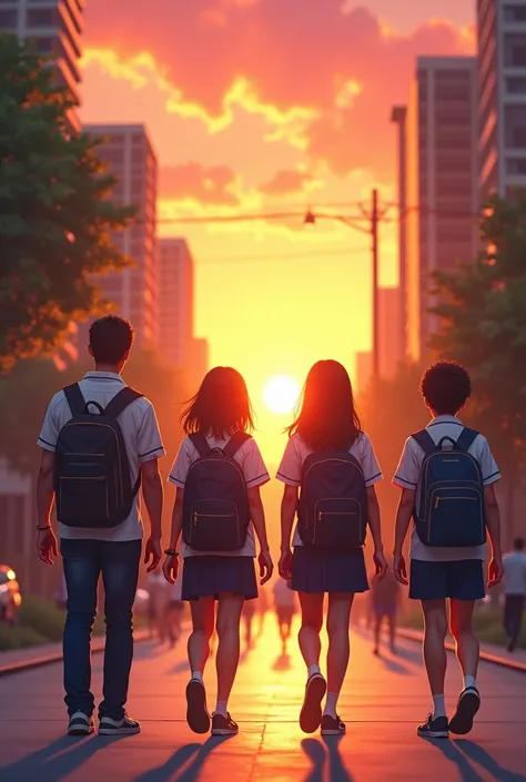 An image of a group of high school students in the uniforms on their way to school being accompanied by their parents a sunrise shining a little vibrant , please add their parents to side by side with the students, each parent to each student 