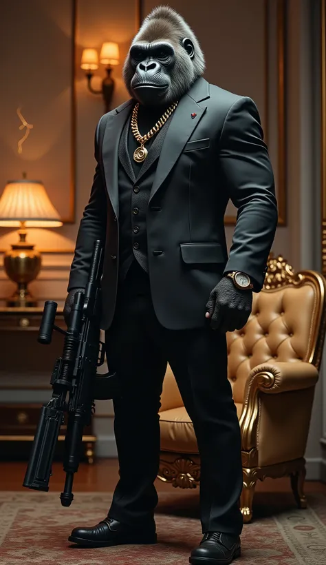 Create A Humanoid Gorilla Man Wearing Mafia Suit Looking Very Handsome Muscular Body, Holding A Heavy Gun , Standing Straight On Duty, Realistic, High Resolution, Masterpiece, Accurate, Anatomically Correct, Eye Catching Background, Standing In Style, Wear...