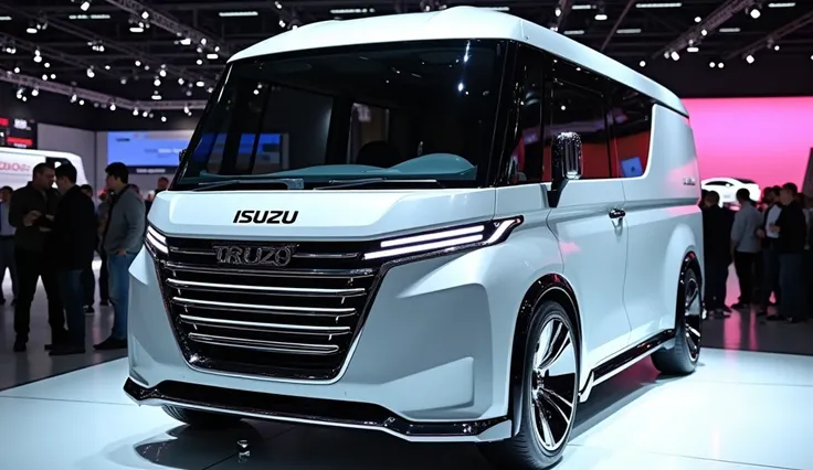 Create A Sleek And Full HD 2025 Isuzu Traga Van    Parked In Auto Show Front Grill View Shiny white Color