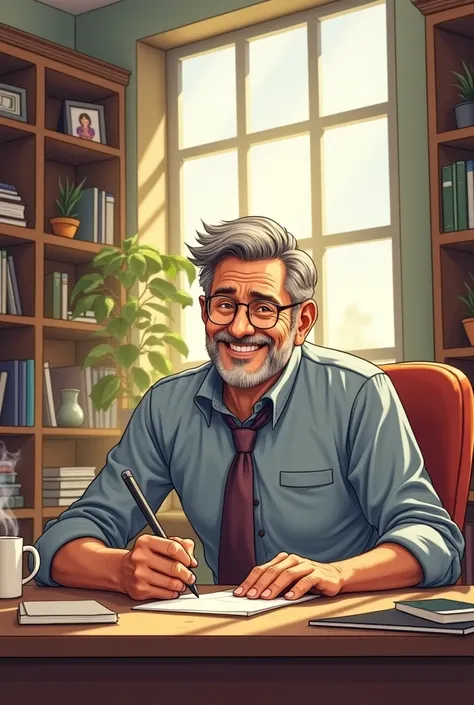 Make me an image of a happy adult with sheets and pen in his hand, working in an office, realistic comic style