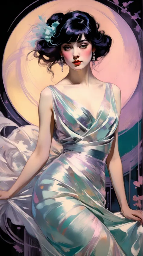 (thick and bold) ink sketch technique on sensual illustration of an elegant bride (((medium hair with bangs:1.4、Beautiful bangs) , vintage ,silky dress, matte painting, by John Singer Sargent, by Harumi Hironaka, extremely soft colors, dark fashion , Tiffa...