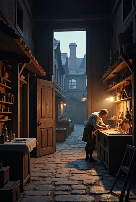 An 18th-century furniture workshop with a dark, scheming atmosphere. The scene features an open wooden building with tall, slightly ajar doors, revealing the dimly lit interior. Inside, a skilled carpenter is meticulously crafting furniture, his focus inte...