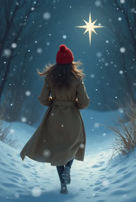 ( you can see her back, red woolen hat ,  brown loose hair , brauner Trenchcoat)  runs out into the snowy night. The star floats at her side .