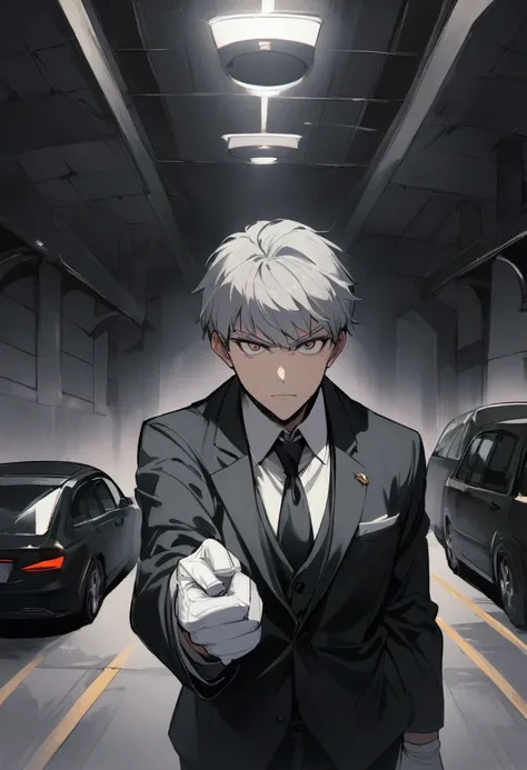 1 man, old, grey short hair , looks eager to kill ,  looks at the viewer , goes towards the viewer,  art, business suit,  adjusts his white glove ,  underground car park, Dark tones