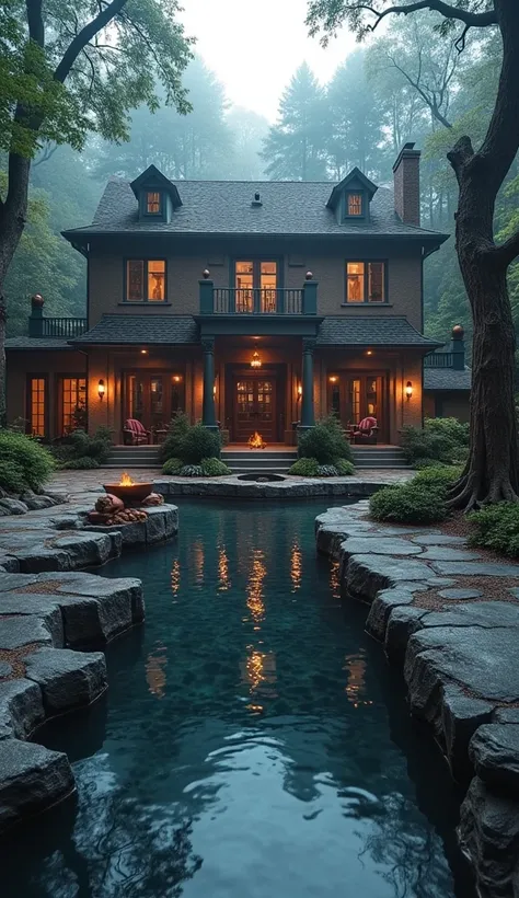 The backyard features a grand pool with jagged, metallic edges, resembling the sharpness of Freddy’s claws. The pools water is dark, with an eerie glow emanating from the depths, giving the impression of something lurking beneath. The landscaping features ...