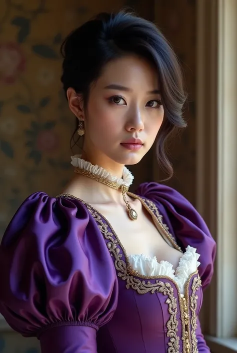 A Korean man in ladies victorian dresses, satin, he is crossdresser, big breasts like a woman, slender female body, His hairstyle is short and manly, long sleeves, purple, medieval noblewoman costume, rococo dress, silk