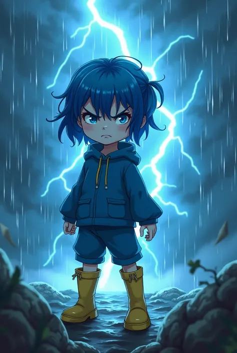  is very grumpy and vengeful .  When she transforms into Pluvia ,  she obtains the powers of rain and thunderstorms.  She is a girl with short blue hair  (with some hair tied ),  white skin , yellow boots,  blue clothes and blue eyes .