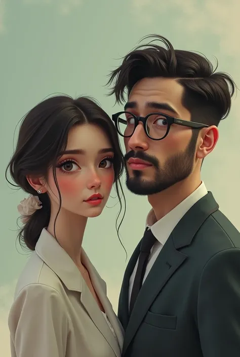 A round-haired young woman with a thin young man with a long face wearing glasses and a beard