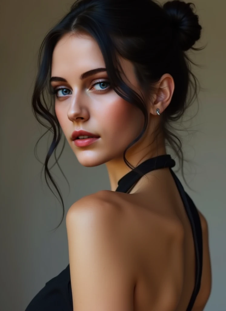 cara,Russian race, European race, Height 160cm, Adult, 21 years old, (Masterpiece, best quality, photorealistic, high res, photography: 1.3), mouth closed,tight-mouthed, smile, close-up shot, clear eyes, perfect eyes,sharp focus, black hair, hair bun, shor...